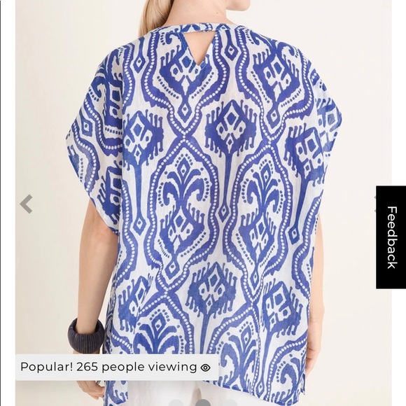 NWT! Chico’s Ikat Linen Poncho. Blue/white print - Picture 2 of 10